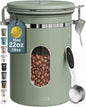 Veken Coffee Canister with Window, Airtight Stainless Steel Kitchen Food Storage Container with Lids, Date Tracker and Scoop for Grounds Coffee, Beans, Tea, Flour, Cereal, Sugar Jars, 22OZ, Green
