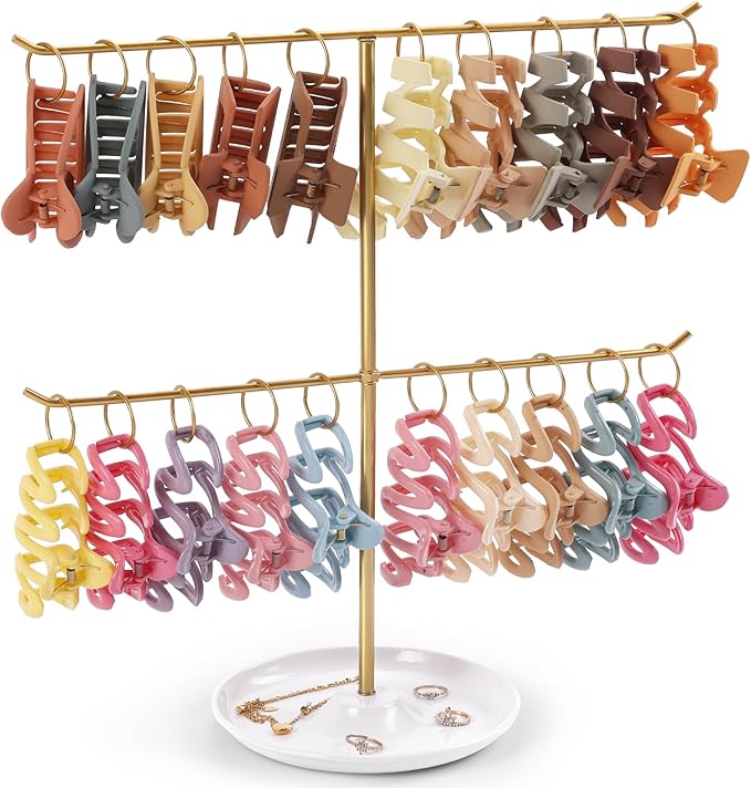 Metal Claw Clip Organizer, 2-Tier Hair Clip Holder Stand with Tray, Hair Clip Storage Display Rack with 20 Golden Rings, Hair Accessories Organizer Room Decor for Women and Girls