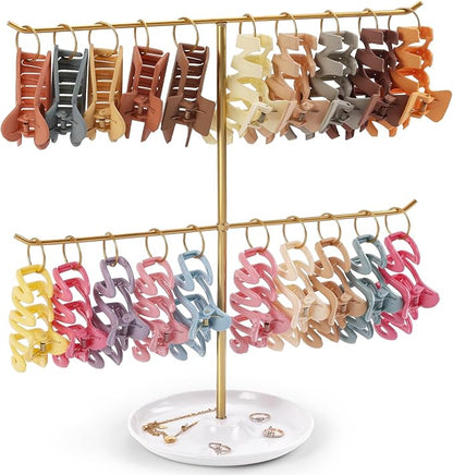 Metal Claw Clip Organizer, 2-Tier Hair Clip Holder Stand with Tray, Hair Clip Storage Display Rack with 20 Golden Rings, Hair Accessories Organizer Room Decor for Women and Girls