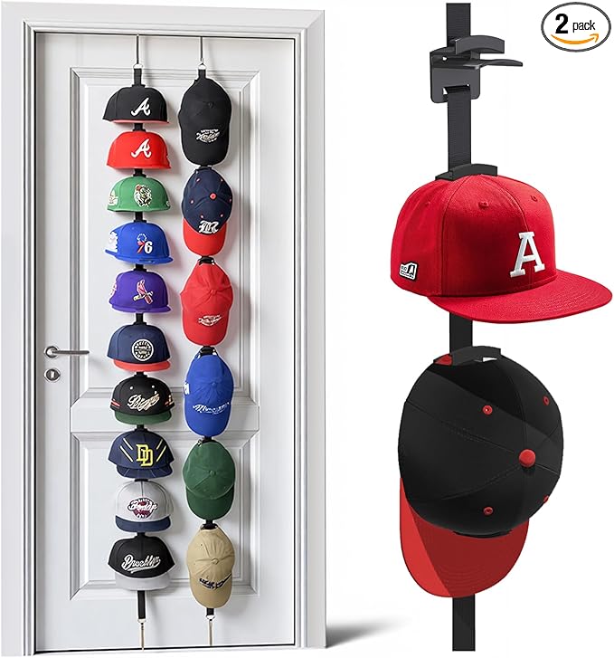 Aoodaily Hat Rack for Door - Two-Way Hanging Caps with Display Hooks and Hanger, Hat Organizer for Baseball Caps, Over the Door Hat Storage Organizer for Bedroom, Entrance or Garage Doors - 2 Packs