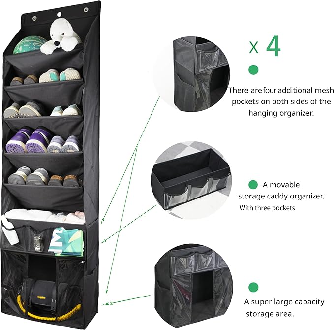 3in1 Over The Door Shoe Organizer with 5 Slanted Compartments,Removable Storage Bin & Transparent Pockets,Thickened Waterproof Oxford Fabric Shoes Rack for Shoes,Boots,Toys,Daily Essentials. (Black)
