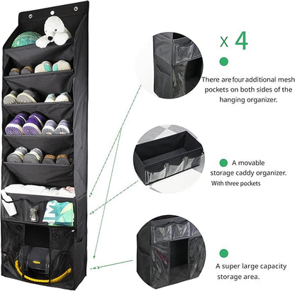 3in1 Over The Door Shoe Organizer with 5 Slanted Compartments,Removable Storage Bin & Transparent Pockets,Thickened Waterproof Oxford Fabric Shoes Rack for Shoes,Boots,Toys,Daily Essentials. (Black)