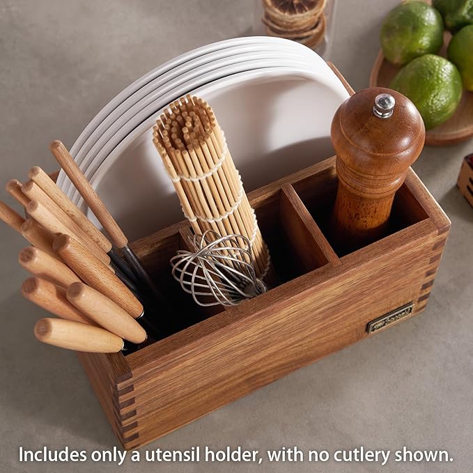Acacia Wood Utensil Holder, Paper Plate Dispenser Organizer for Countertop - 4 Compartment Silverware Caddy for Friendsgiving Party - Cutlery Holder for Cup, Fork, Spoon, Kitchen, Camping
