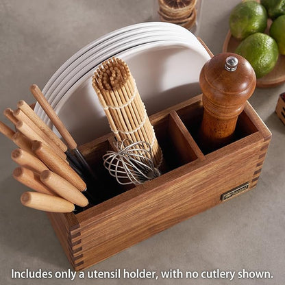 Acacia Wood Utensil Holder, Paper Plate Dispenser Organizer for Countertop - 4 Compartment Silverware Caddy for Friendsgiving Party - Cutlery Holder for Cup, Fork, Spoon, Kitchen, Camping
