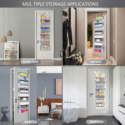 TAHAVICE 2 Pack Over The Door Storage Organizer with 5 Pockets 10 Mesh Side Pockets, 44 lbs Weight Capacity Door Hanging Organizers and Storage for Bedroom,Bathroom,Nursery,Pantry,Dorm(Light Gray)