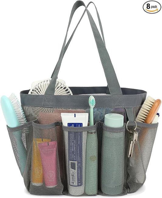 Fammart Mesh Shower Caddy Portable for College Dorm Room Essentials, Odorless Polyester Large Shower Tote Bag with Dual Handles, 8-Pocket Quick-Dry Toiletry Organizer for Travel, Beach, Camping, Gym
