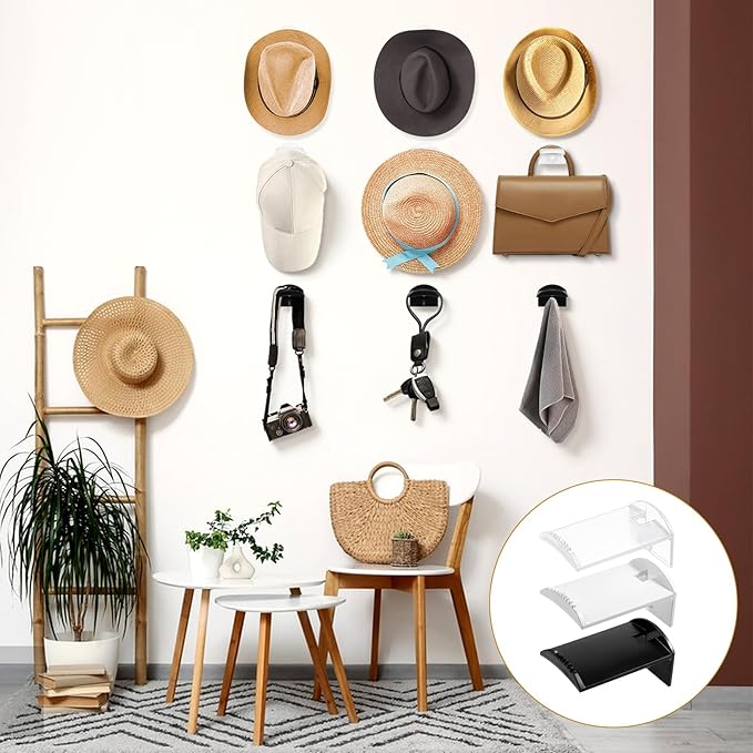 SHENLIU Hat Hooks for Wall - 24 Pcs Strong Adhesive Cowboy Hat Rack, 2.95" Extended Baseball Cap Hanger Display Hooks, Hat Organizer for Closet Door Wall, Clear White Black