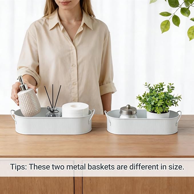Mkono Metal Storage Basket for Toilet Tank Top Bathroom Decor, Galvanized Tray with Handle for Shelves, Farmhouse Toilet Paper Holder Organizing Bin Box for Countertop Living Room, Set of 2, White