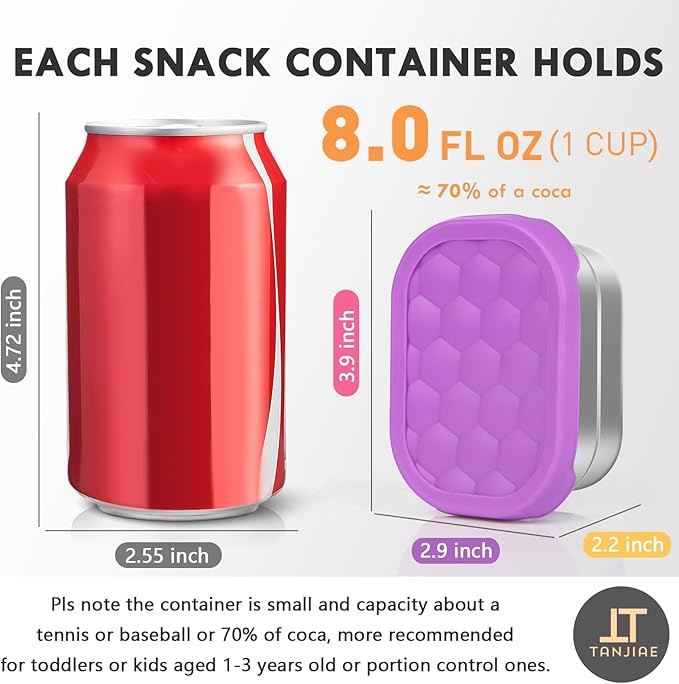 Tanjiae 4Pack Small (1 CUP) 8oz Stainless Steel Snack Containers for Kids | Reusable Easy Open Toddler Snack Containers with Silicone Lids | Stackable Toddler Lunch Box for Daycare, School and Travel