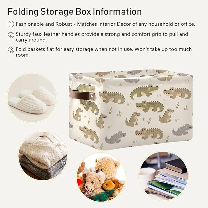 Large Storage Basket Alligator Pattern Storage Bin Cube Canvas Fabric Organizer Handles Collapsible for Clothes Toys Bedroom Decorative
