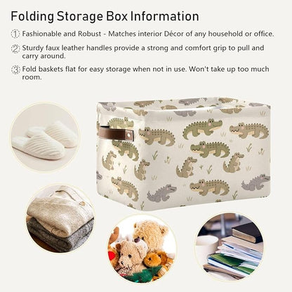 Large Storage Basket Alligator Pattern Storage Bin Cube Canvas Fabric Organizer Handles Collapsible for Clothes Toys Bedroom Decorative