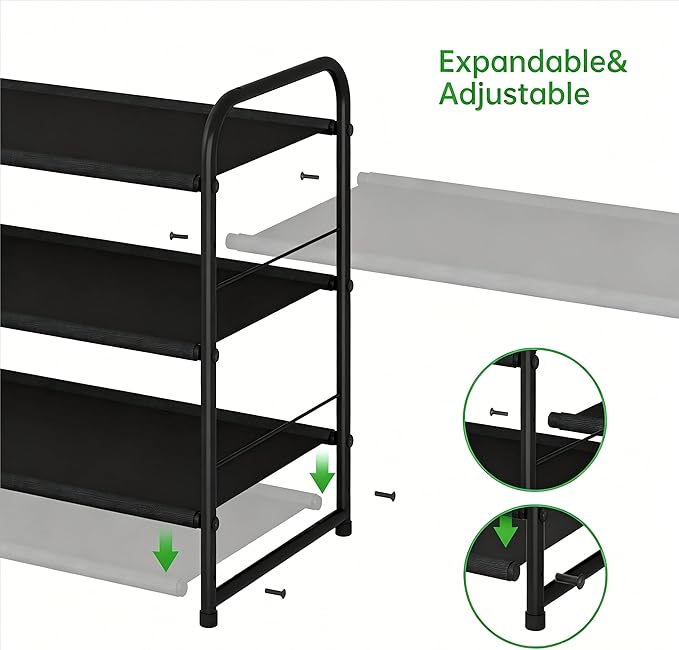 Ekisemio 3-Tier Stackable Shoe Rack – Expandable & Adjustable Fabric Shoe Organizer, Space-Saving for Closet, Black