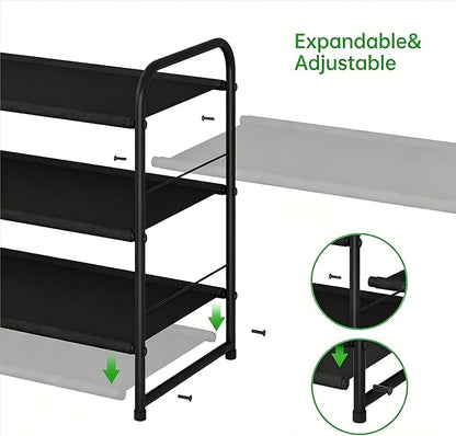 Ekisemio 3-Tier Stackable Shoe Rack – Expandable & Adjustable Fabric Shoe Organizer, Space-Saving for Closet, Black