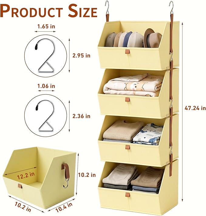 Hanging Closet Organizer 4 Tier 2 Pack with 8 Detachable Bins, Clothes Hanging Shelves, Space-Saving Collapsible Closet Storage System for Bedroom, Dorm, RV, Beige