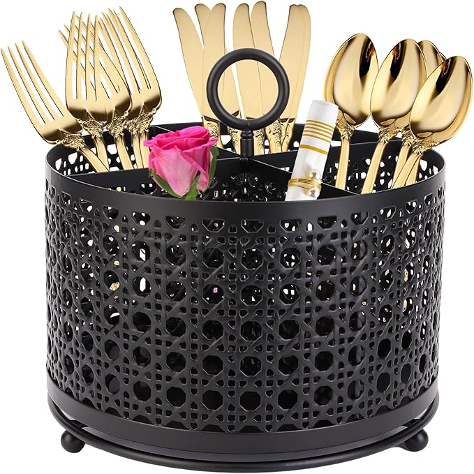 NelyBet 360° Rotating Utensil Caddy With Handle, Cutlery Silverware Caddy Holder Flatware Organizer with 4 Compartment For Kitchen Countertop Party Office Black