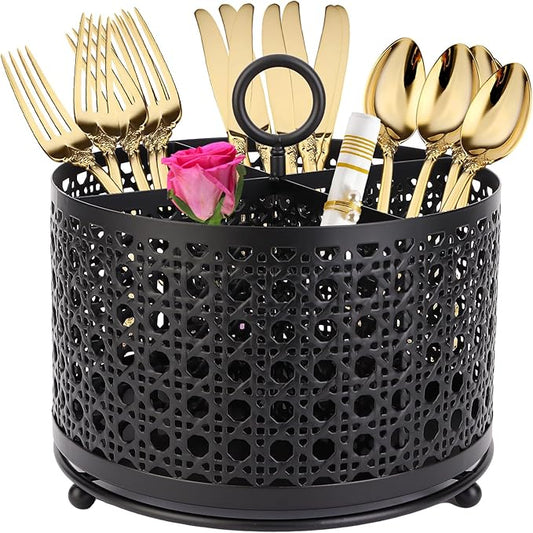 NelyBet 360° Rotating Utensil Caddy With Handle, Cutlery Silverware Caddy Holder Flatware Organizer with 4 Compartment For Kitchen Countertop Party Office Black