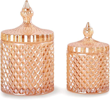 R FLORY 2 Pack Qtip Holder Glass Apothecary Jars with Lids Bathroom Storage Organizer for Cotton Swabs, Balls, Pads, Floss Picks, Vanity Storage Containers for Makeup, Candy, Jewelry (10+24oz, Amber)