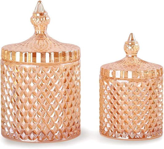 R FLORY 2 Pack Qtip Holder Glass Apothecary Jars with Lids Bathroom Storage Organizer for Cotton Swabs, Balls, Pads, Floss Picks, Vanity Storage Containers for Makeup, Candy, Jewelry (10+24oz, Amber)