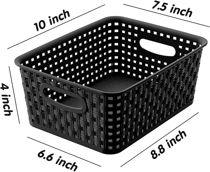 6 Pack Plastic Small Woven Storage Baskets, Black/White/Grey Assorted Organizer Shelf Weave Baskets for Home Organization, Pantry, Closet, Bathroom, Kitchen (10x7.5x4 in)