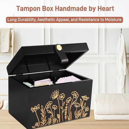 100% Solid Wood Tampon Holder Box with Lid, Copper Leather Pull, Absolute Real Wood Bathroom Decorative Box for Feminine Product Storage and Accessories such as Tampons, Cotton Balls, Gifts for Women