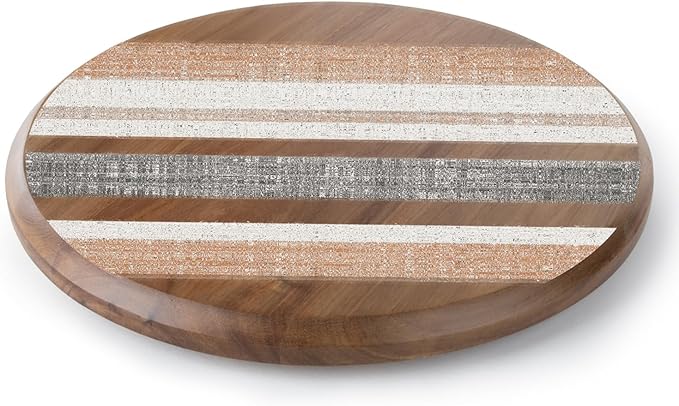 CounterArt Decorative Round Natural Wood Lazy Susan Turntable 14" Diameter Condiment Caddy, Cheese Server, Cake Plate, Spice Organization (Wide Stripes)