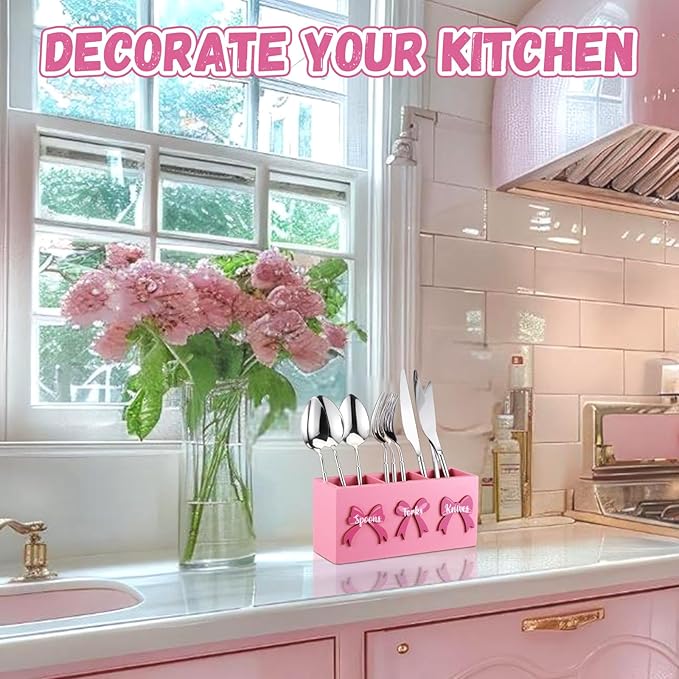 Patelai Pink Bow Wood Flatware Silverware Caddy for Countertop Small Decorative Christmas Utensil Holder Kitchen Counter with 3 Compartment Farmhouse Knife Spoon and Fork Holder for Party Kitchen