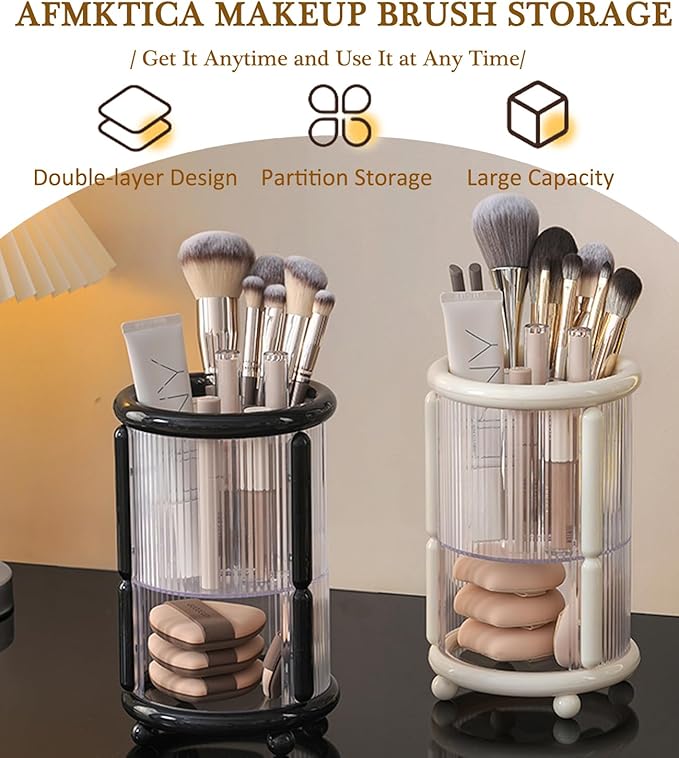 Upgrade Makeup Brush Holder Organizer with Lid, Automatic Lifting Dustproof Makeup Brushes Organizer with 4 Compartments for Vanity，Cosmetic Storage for Dresser Countertop (White)