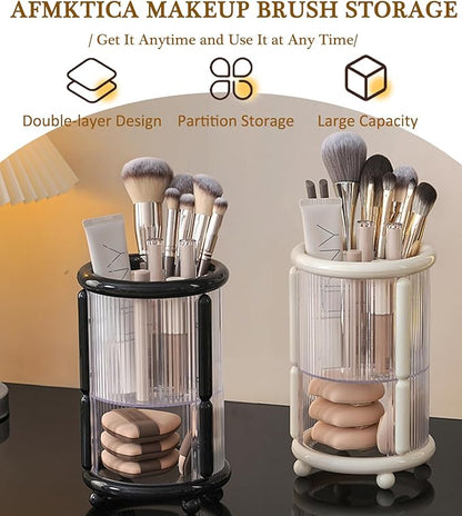 Upgrade Makeup Brush Holder Organizer with Lid, Automatic Lifting Dustproof Makeup Brushes Organizer with 4 Compartments for Vanity，Cosmetic Storage for Dresser Countertop (White)
