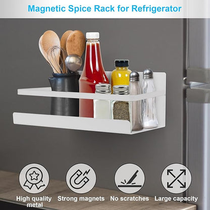 Magnetic Spice Rack for Refrigerator, 2 Pack Magnetic Shelf Fridge Organizer for Spice Jars, Magnet Shelves Seasoning Spice Holder with 4 Hooks for Kitchen White Board Pantry Organizers and Storage