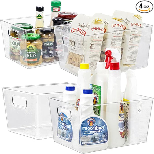 ZEXALOR 4pcs Clear Storage Bins Clear Storage Containers for Kitchen Pantry Organization, Organizing Bins with Built in Handles, Cabinet Organizers