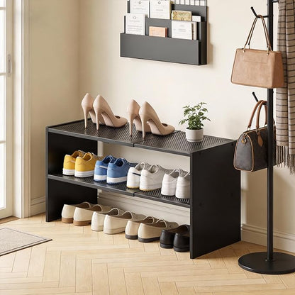 YATINEY Expandable Shoe Rack, 2-Tier Adjustable Entryway Shoe Organizer, Stackable Closet Shoe Rack for Small Space, Compact Shoe Shelf Storage for Garage Holds Up to 12 Pairs, Black SS03BB