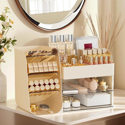 Makeup Organizer with 2 M Drawers & Brush Holders - Cosmetic Storage Case for Vanity, Bathroom Countertop & Desk - Skincare & Office Supplies Organizer (Cream, M)