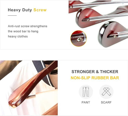 TOPIA HANGER Set of 6 Luxury Mahogany Wooden Coat Hangers, Premium Wood Suit Hangers, Glossy Finish with Extra-Wide Shoulder, Thicker Chrome Hooks & Anti-Slip Bar CT02M