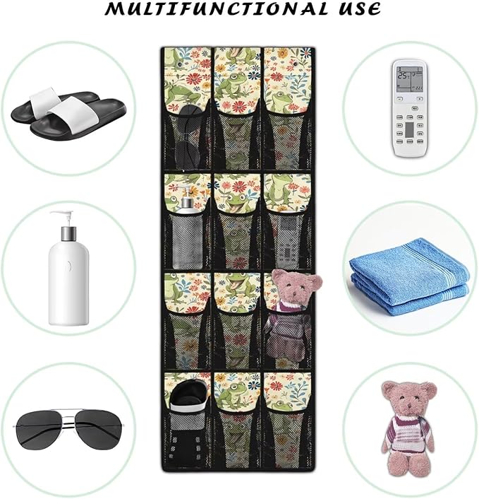 Frog Floral Over the Door Shoe Organizer,Hanging Storage Bags with 12 Mesh Large Pockets,Hanging Shoe Storage Hanging Bag