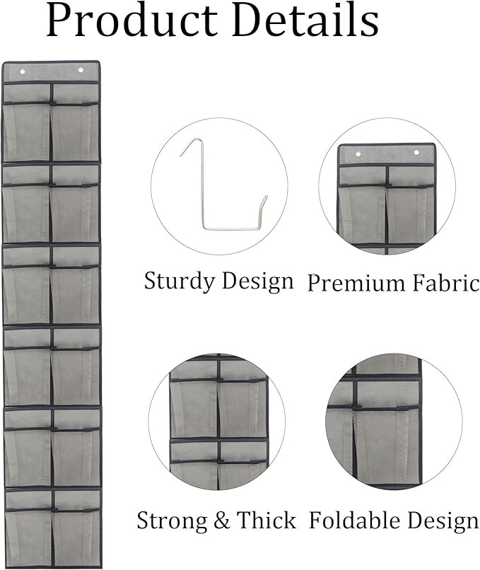 Gray Over Door Shoe Organizer, 12 Large Pockets Hanging Storage for Closet Organization, Space Saving Shoe Rack and Accessory Holder