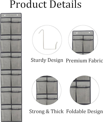 Gray Over Door Shoe Organizer, 12 Large Pockets Hanging Storage for Closet Organization, Space Saving Shoe Rack and Accessory Holder