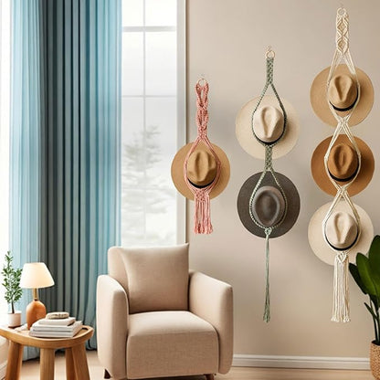 Boho Hat Organizer Rack, Macrame Hat Hanger, Handmade Hat Holder for Wall Hanging, Hat Storage for Wide-Brim Hats, Bohemian Hat Display for Bedroom, Living Room, Office(3 Styles & 3 Colors)