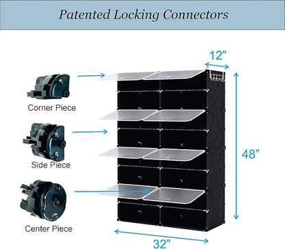Patented Shoe Racks Organizers Shelves, Floor-Standing, Wall Hanging, Sturdy and extendable. Easy DIY Assembly, for Door Entrance, Closet, and Workplace (2x8Grid, Translucent & Black)
