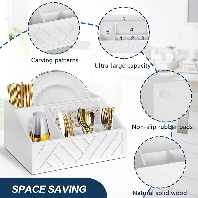 Ukonvi Paper Plate Dispenser, Paper Plate Holder for Kitchen Counter, Wood Rustic Silverware Utensil Caddy, Cutlery Flatware Organizer Box for Cups Spoons Forks Plates Napkins, Kitchen Accessories