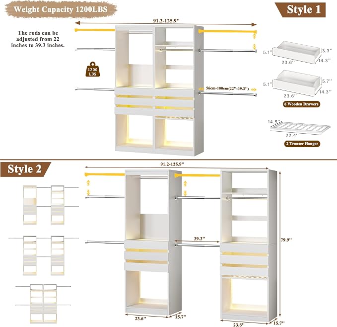 120'' Closet System Set with 6 Hanging Rods & LED Lights, 5.7-10.4FT Closet Organizer System with 6 Wood Drawers & 2 LED Glasstop, Walk-in Closet Organizer Wardrobe Clothes Rack, Garment Rack, White
