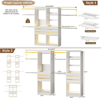 120'' Closet System Set with 6 Hanging Rods & LED Lights, 5.7-10.4FT Closet Organizer System with 6 Wood Drawers & 2 LED Glasstop, Walk-in Closet Organizer Wardrobe Clothes Rack, Garment Rack, White