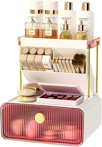 FOLLOWIN Bathroom Organizers and Storage with Drawer, Vanity Storage Organizer with Makeup Brushes Holder, Perfume Lotion Cosmetic Organizer, Blush Pink