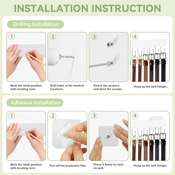 Belt Hanger Wall Mount, Adhesive Wooden Closet Belt Organizer with 24 Metal Hooks, Large Capacity, 2 Installation Options, White, 2 Pcs