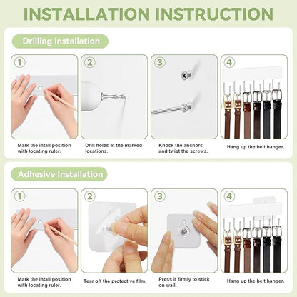 Belt Hanger Wall Mount, Adhesive Wooden Closet Belt Organizer with 24 Metal Hooks, Large Capacity, 2 Installation Options, White, 2 Pcs