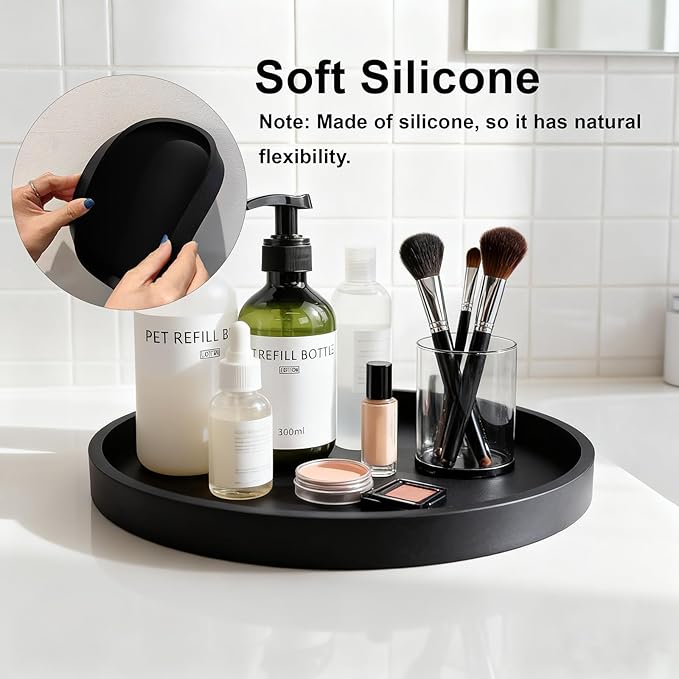 Silicone Bathroom Tray - 9-Inch Round Vanity Tray, Suitable for Candles, Perfumes, Soap Dispensers Black