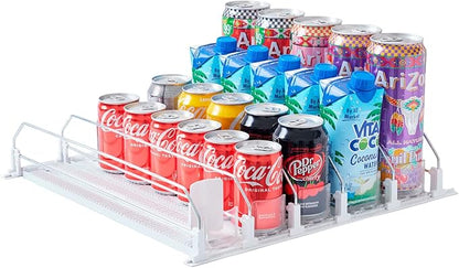 Baraiser Drink Organizer for Fridge, Self-Pushing Soda Can Organizer for Refrigerator, Width Adjustable Pusher Glide, Automatic Drink Dispenser (5 Rows, White)