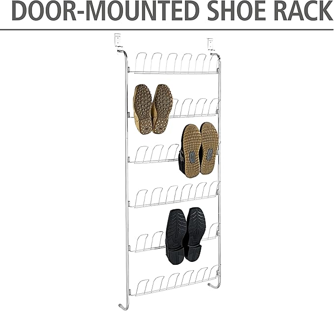 WENKO Over the Door Shoe Rack Organizer, Shoe Holder for Back of Door and Closet, Hanging Shoe Rack, Storage for up to 18 Pairs of Shoes, 23.2 x 59.4 x 5.5 inch, Silver Shiny