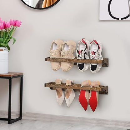 MyGift Set of 2 Solid Wooden Wall Mounted Shoe Rack Storage Organizer with Rustic Burnt Wood Finish, Hanging Footwear Holder for Closet, Mudroom, Entryway, Holds 4 Pairs