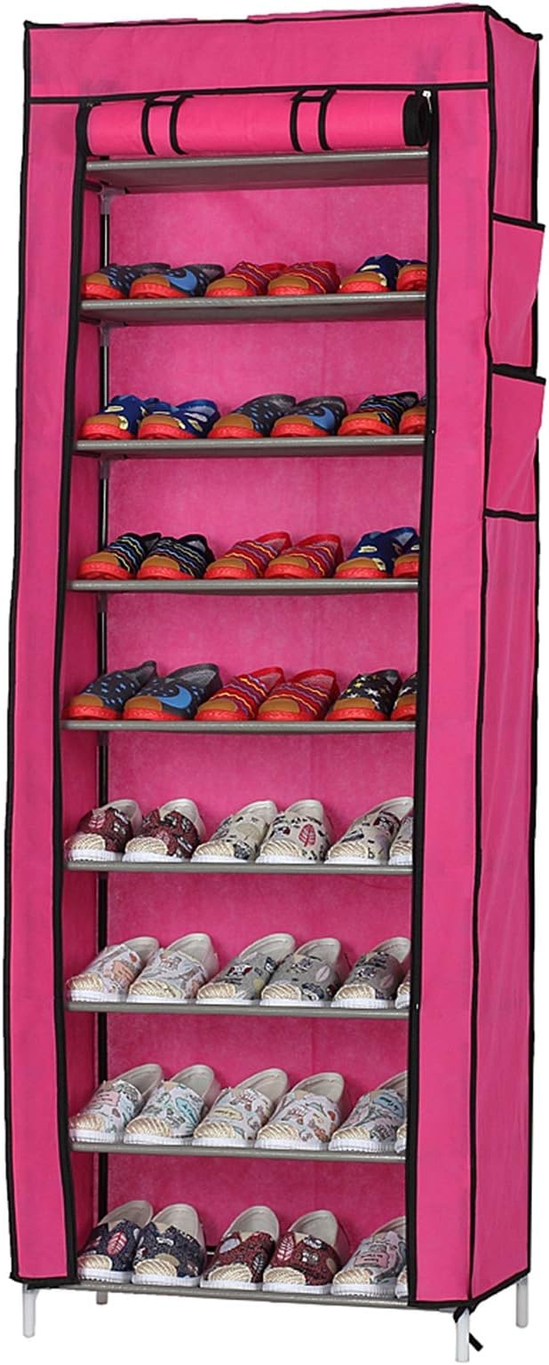 lapday 10 Tier Shoe Rack with Covers, Narrow Tall Shoe Shelf with Side Pocket, Free Standing Shoe Storage Cabinet for Closet Hallway,Bedroom,Entryway (Rose Red)