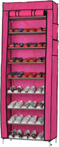 lapday 10 Tier Shoe Rack with Covers, Narrow Tall Shoe Shelf with Side Pocket, Free Standing Shoe Storage Cabinet for Closet Hallway,Bedroom,Entryway (Rose Red)